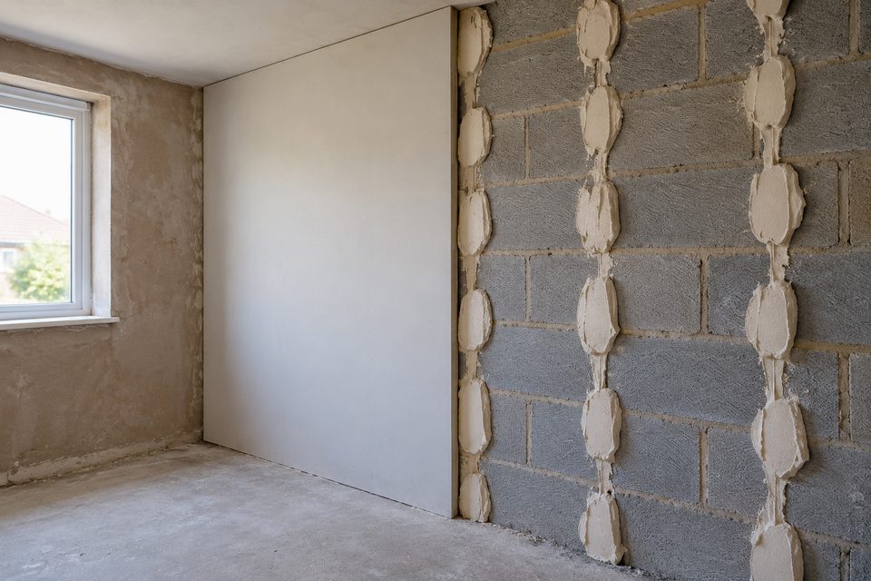 Illustration of plasterboard beside a masonry wall with adhesive dabs.